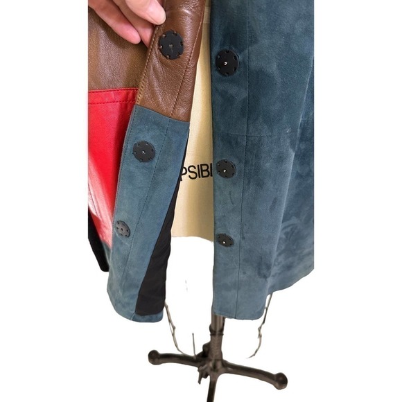 VTG PER SE Colorblock Leather & Suede Long Cardigan Sweater Sz. 16 - Picture 3 of 7
